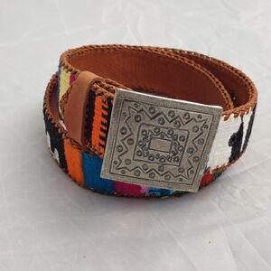 Lands' End Multicolor Patterned Leather Belt with Silver Buckle